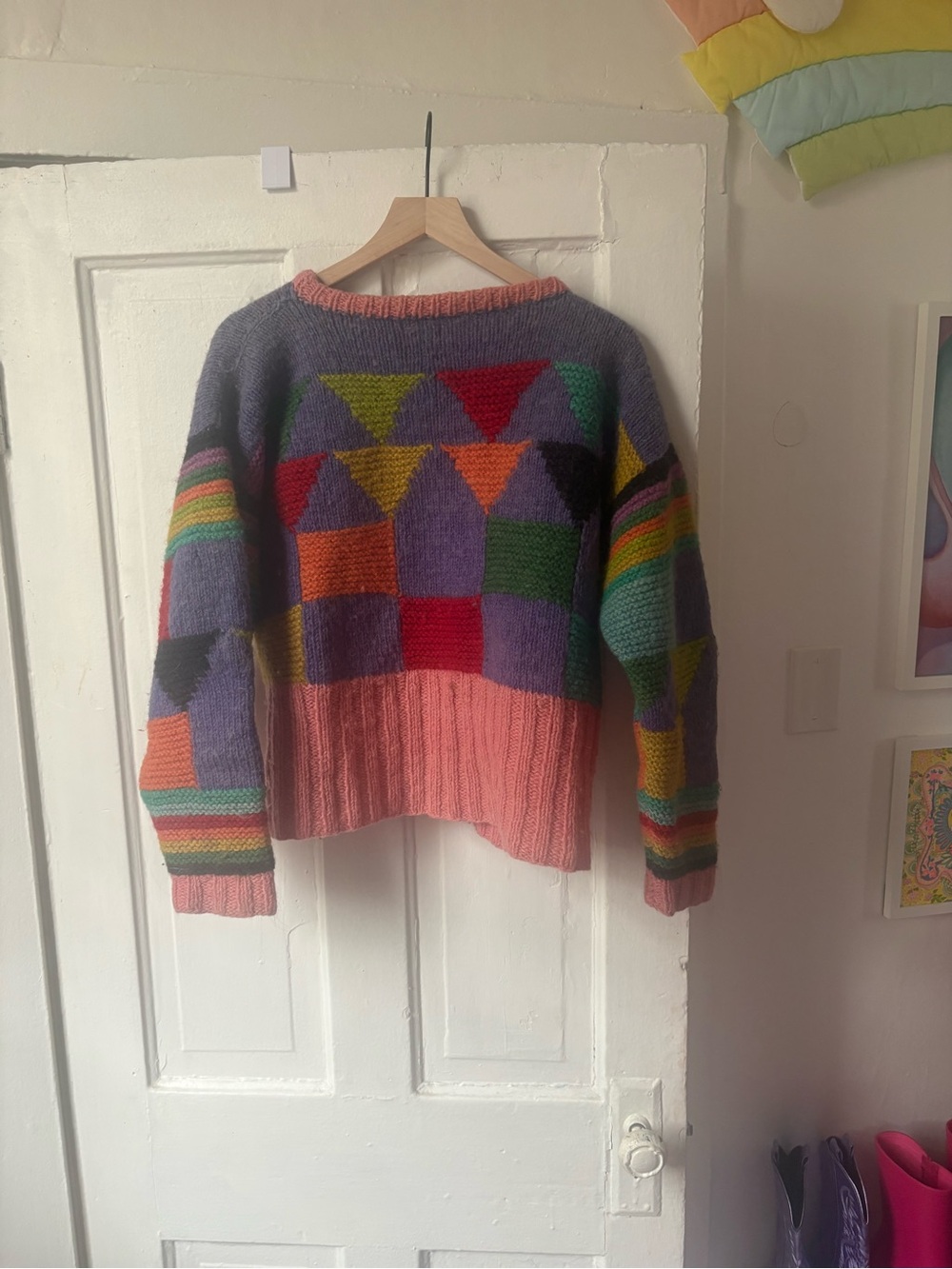 Vintage Hand Knit Rainbow Fun Multi-Color Geometric Knit Sweater - Purple & Pink